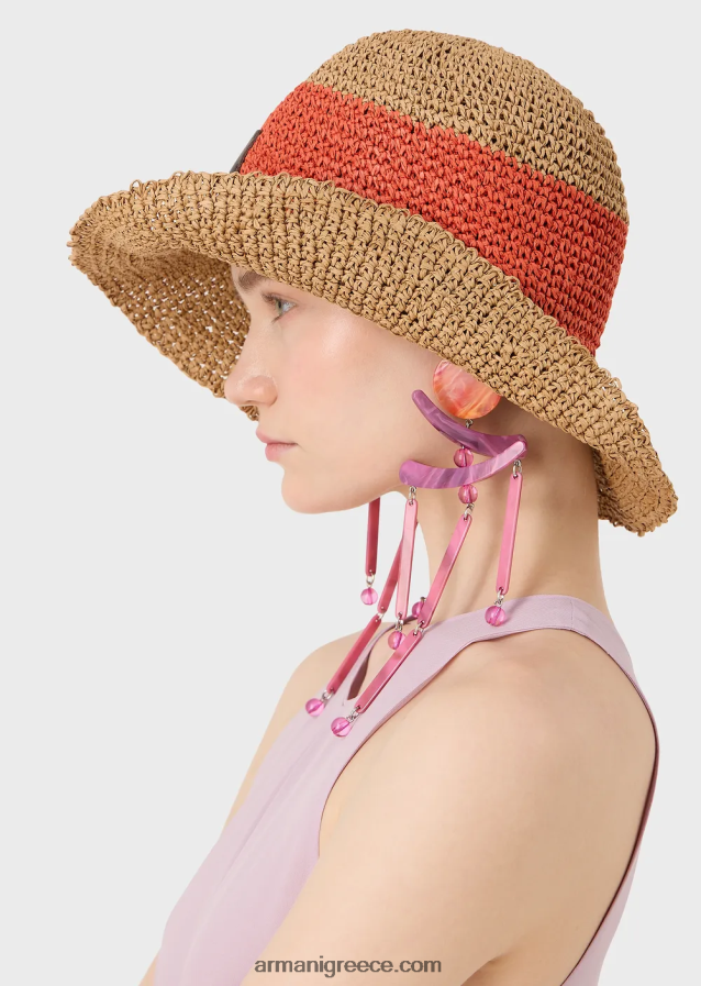 γυναίκες Armani υφαντό καπέλο cloche από raffia με patch με λογότυπο 4046R6772 πορτοκάλι