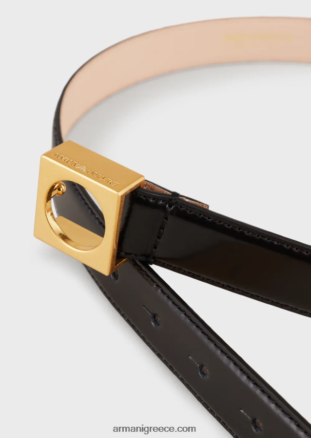 γυναίκες Armani Βουρτσισμένη δερμάτινη ζώνη με γεωμετρική πόρπη 4046R6761 μαύρος