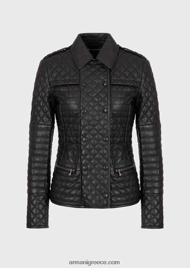 γυναίκες Armani καπιτονέ, νάπα, δίπυρο τζάκετ από δέρμα αρνιού 4046R6230 μαύρος