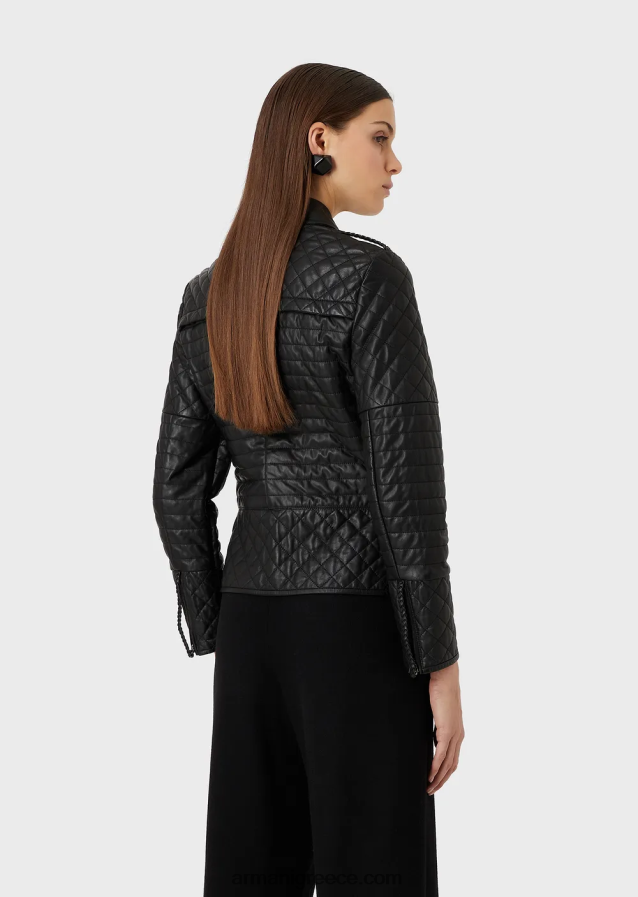 γυναίκες Armani καπιτονέ, νάπα, δίπυρο τζάκετ από δέρμα αρνιού 4046R6230 μαύρος