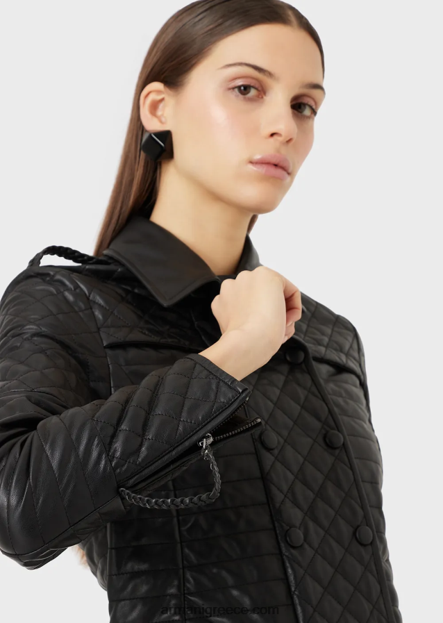 γυναίκες Armani καπιτονέ, νάπα, δίπυρο τζάκετ από δέρμα αρνιού 4046R6230 μαύρος