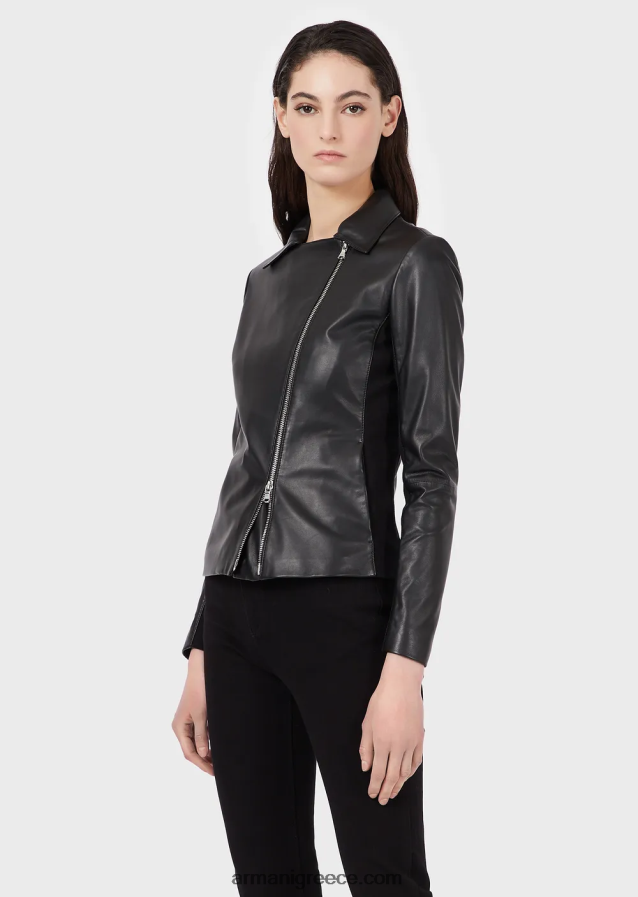 γυναίκες Armani σακάκι από δέρμα νάπα με ένθετα ζέρσεϊ 4046R6232 μαύρος