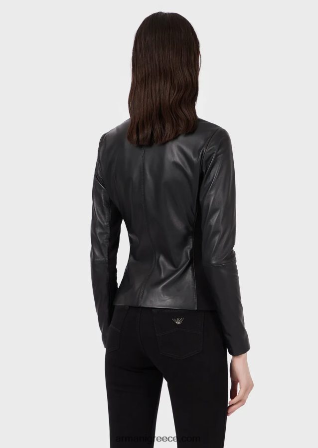 γυναίκες Armani σακάκι από δέρμα νάπα με ένθετα ζέρσεϊ 4046R6232 μαύρος