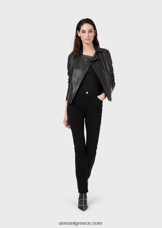 γυναίκες Armani σακάκι από δέρμα νάπα με ένθετα ζέρσεϊ 4046R6232 μαύρος
