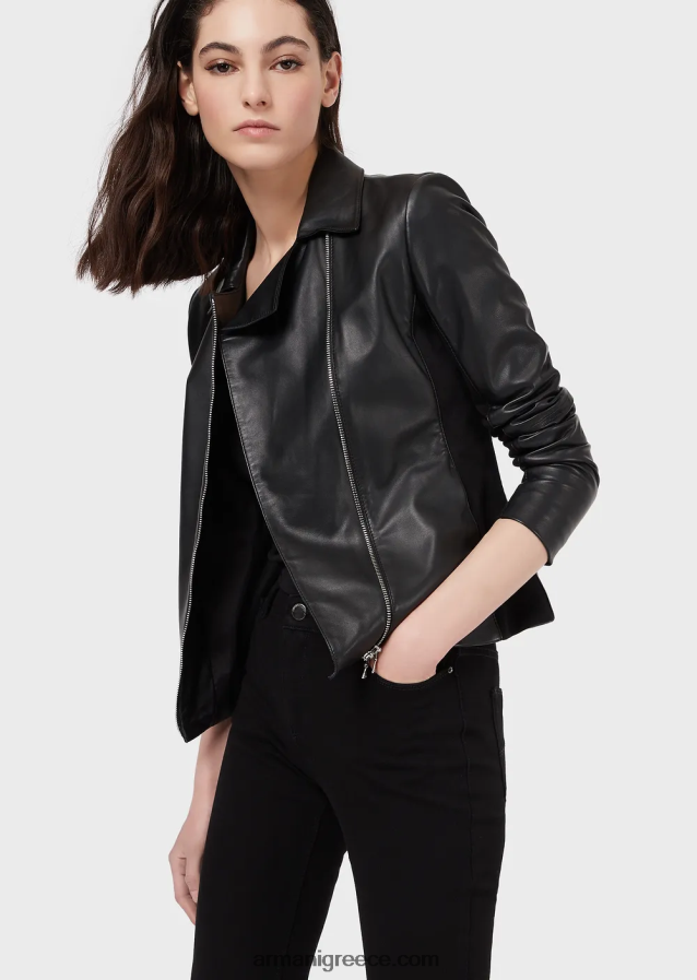 γυναίκες Armani σακάκι από δέρμα νάπα με ένθετα ζέρσεϊ 4046R6232 μαύρος