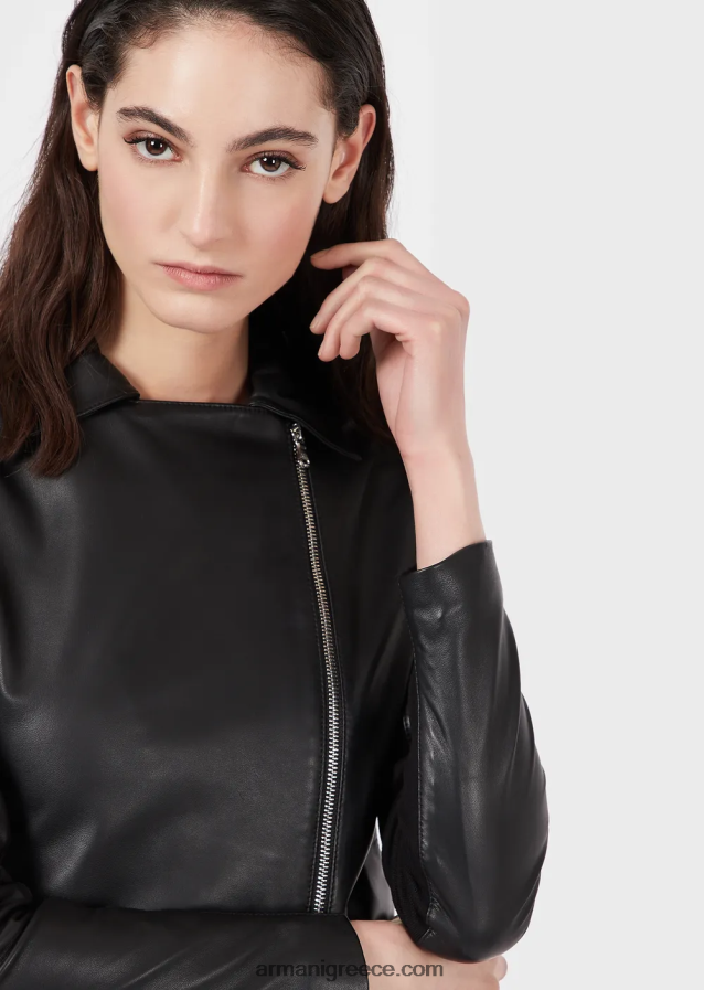 γυναίκες Armani σακάκι από δέρμα νάπα με ένθετα ζέρσεϊ 4046R6232 μαύρος