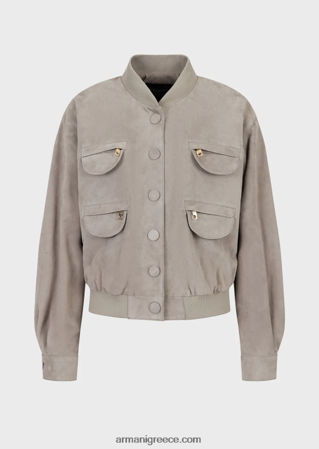 γυναίκες Armani Μπουφάν με πολλές τσέπες από δέρμα κατσίκας 4046R6234 γκρι περιστεριού