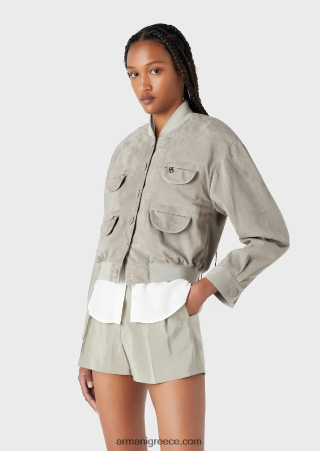 γυναίκες Armani Μπουφάν με πολλές τσέπες από δέρμα κατσίκας 4046R6234 γκρι περιστεριού