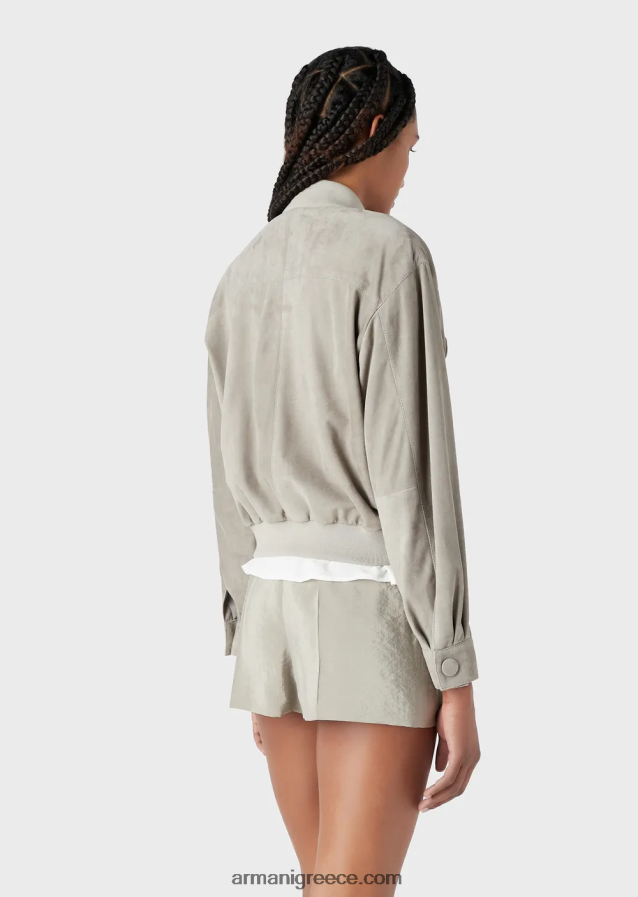 γυναίκες Armani Μπουφάν με πολλές τσέπες από δέρμα κατσίκας 4046R6234 γκρι περιστεριού