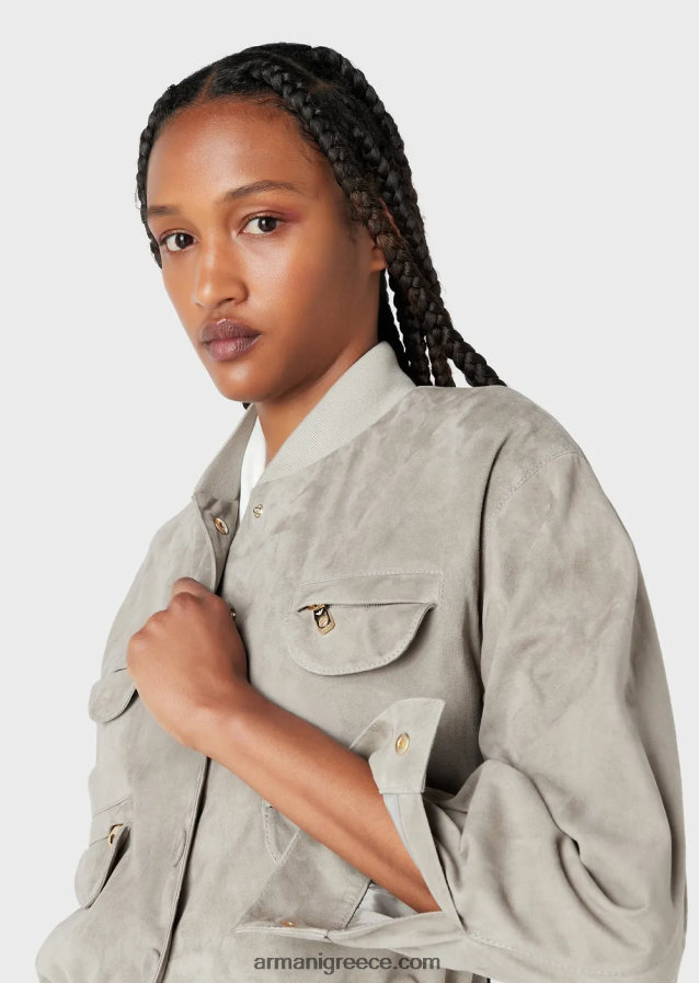 γυναίκες Armani Μπουφάν με πολλές τσέπες από δέρμα κατσίκας 4046R6234 γκρι περιστεριού