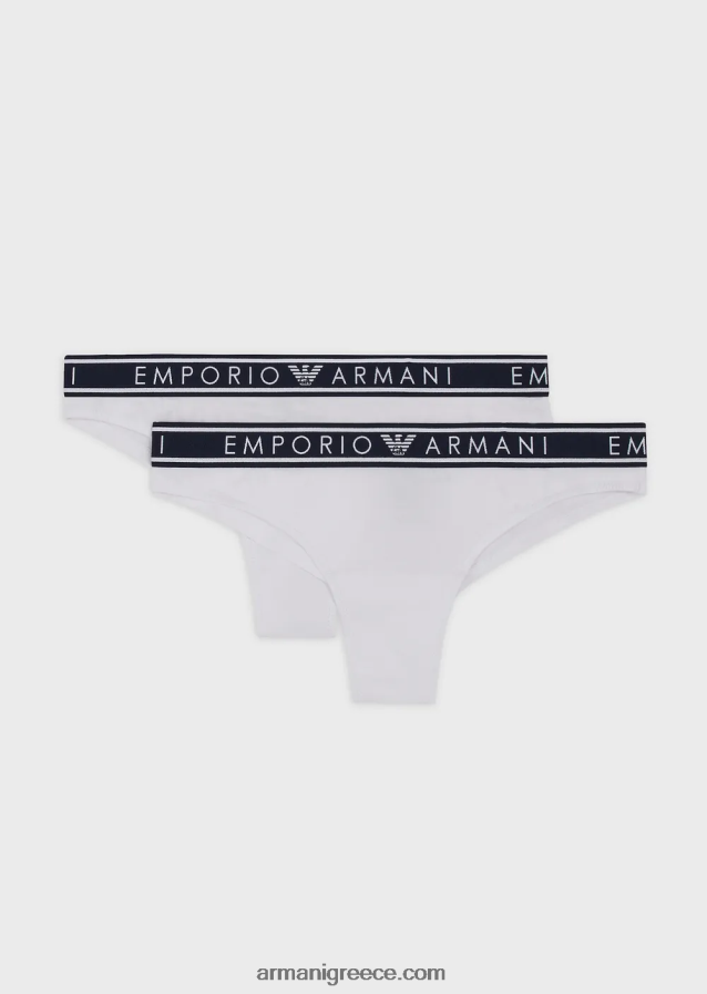γυναίκες Armani δύο πακέτα εμβληματικών βραζιλιάνικων σλιπ από οργανικό βαμβάκι με ζώνη μέσης με λογότυπο 4046R6136 άσπρο