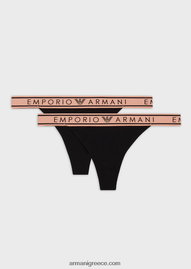γυναίκες Armani δύο σετ εμβληματικών στρινγκ από οργανικό βαμβάκι με ζώνη μέσης με λογότυπο 4046R6139 μαύρος