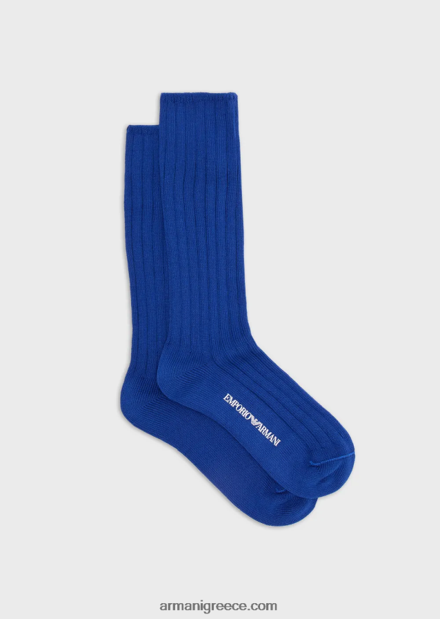γυναίκες Armani κάλτσες βιώσιμης συλλογής με ραβδώσεις από οργανικό βαμβάκι μέχρι το γόνατο 4046R6185 μπλε