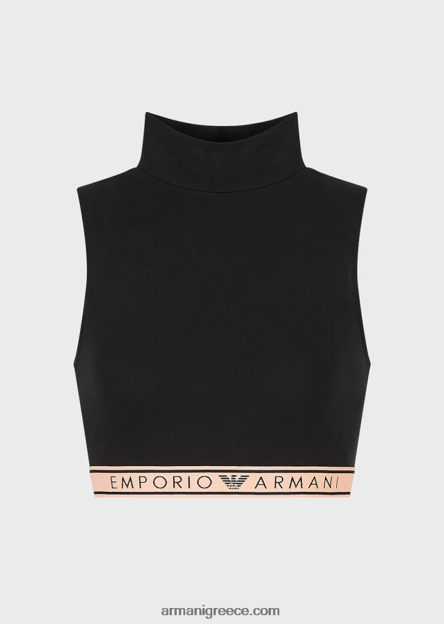 γυναίκες Armani εμβληματικό crop top από οργανικό βαμβάκι με λογότυπο στη μέση 4046R6173 μαύρος
