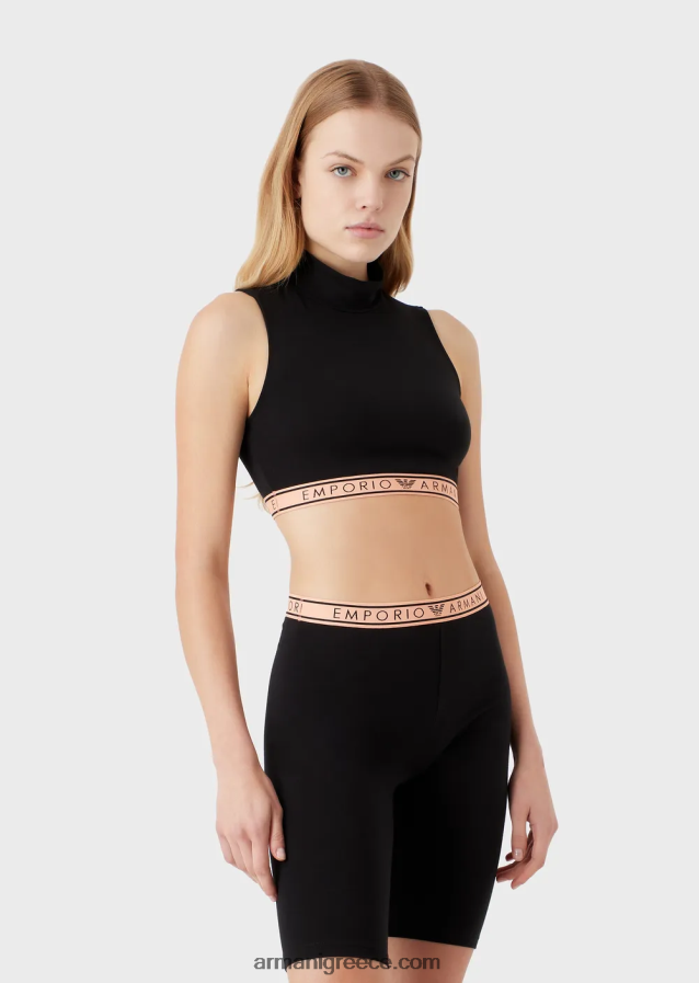 γυναίκες Armani εμβληματικό crop top από οργανικό βαμβάκι με λογότυπο στη μέση 4046R6173 μαύρος