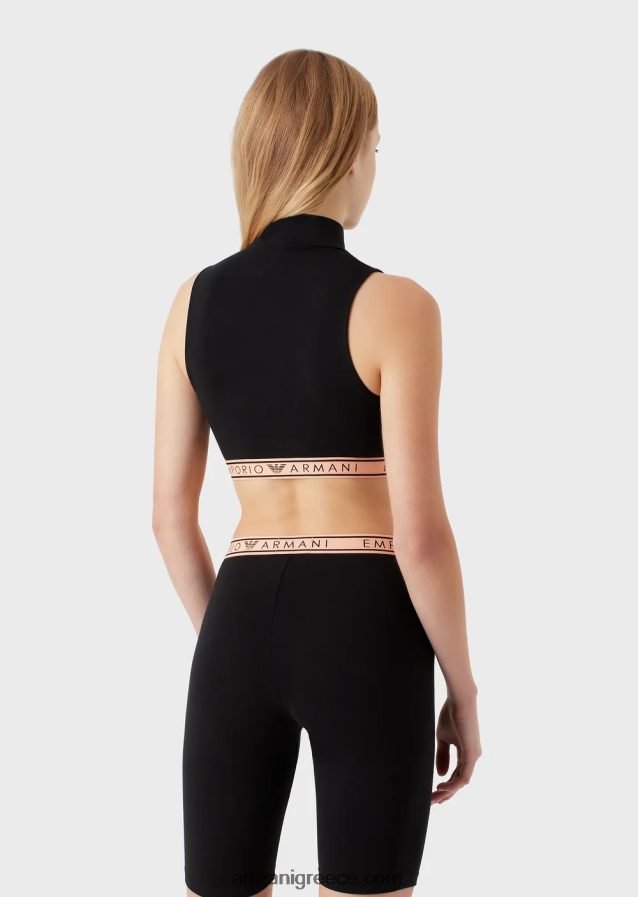 γυναίκες Armani εμβληματικό crop top από οργανικό βαμβάκι με λογότυπο στη μέση 4046R6173 μαύρος