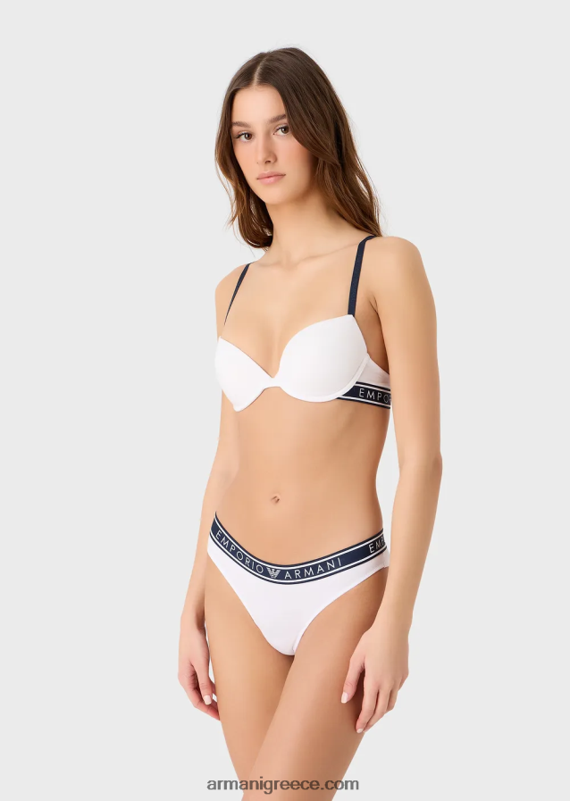 γυναίκες Armani εμβληματικό σουτιέν από οργανικό βαμβάκι push-up με λουράκι με λογότυπο 4046R6143 άσπρο