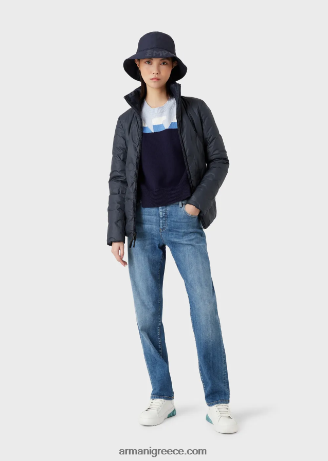 γυναίκες Armani υδατοαπωθητικό αναστρέψιμο νάιλον πουπουλένιο μπουφάν με ανακυκλωμένο πούπουλο 4046R6239 ναυτικό μπλε