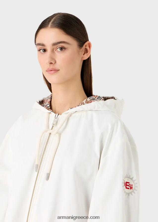 γυναίκες Armani βιώσιμη συλλογή αναστρέψιμο βιολογικό πάρκο με κουκούλα και κορδόνι περίσφιξης 4046R6248 γαλακτώδες λευκό