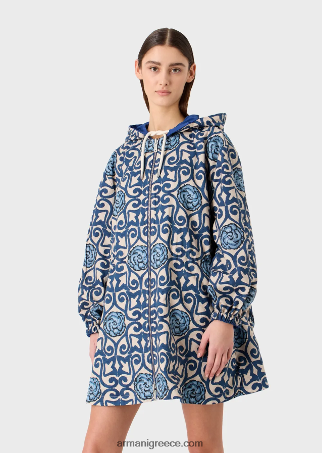 γυναίκες Armani βιώσιμη συλλογή αναστρέψιμο βιολογικό πάρκο με κουκούλα και κορδόνι περίσφιξης 4046R6249 μπλε