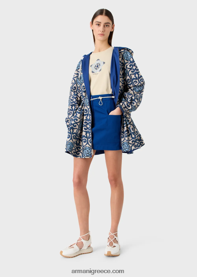 γυναίκες Armani βιώσιμη συλλογή αναστρέψιμο βιολογικό πάρκο με κουκούλα και κορδόνι περίσφιξης 4046R6249 μπλε