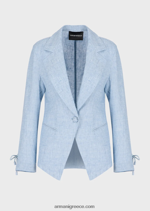 γυναίκες Armani μπουφάν μονόπετο από λινό jaspe με λεπτομέρεια από κορδόνι στις μανσέτες 4046R6413 γαλανός