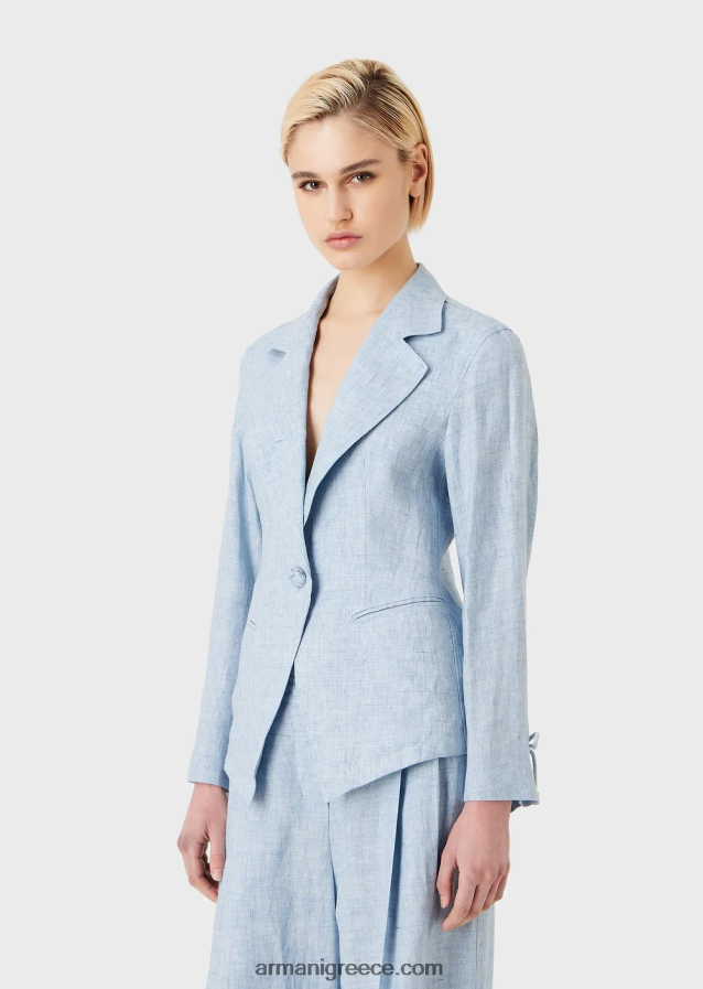 γυναίκες Armani μπουφάν μονόπετο από λινό jaspe με λεπτομέρεια από κορδόνι στις μανσέτες 4046R6413 γαλανός