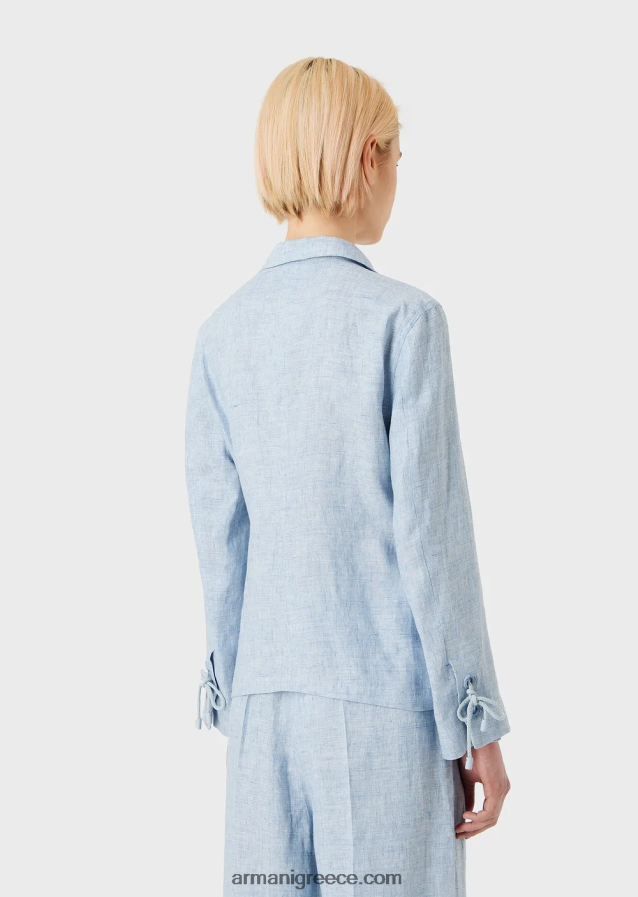 γυναίκες Armani μπουφάν μονόπετο από λινό jaspe με λεπτομέρεια από κορδόνι στις μανσέτες 4046R6413 γαλανός