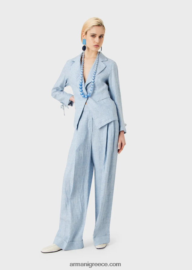 γυναίκες Armani μπουφάν μονόπετο από λινό jaspe με λεπτομέρεια από κορδόνι στις μανσέτες 4046R6413 γαλανός