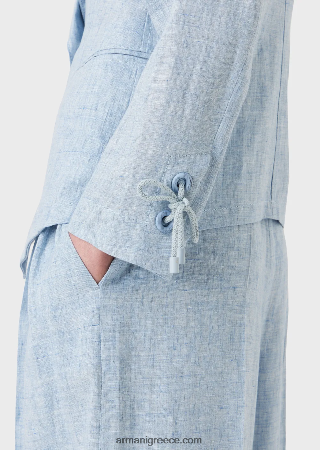 γυναίκες Armani μπουφάν μονόπετο από λινό jaspe με λεπτομέρεια από κορδόνι στις μανσέτες 4046R6413 γαλανός