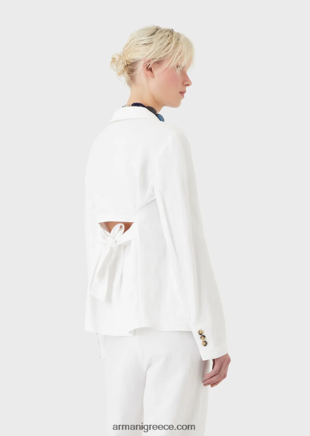 γυναίκες Armani μονόπλευρο μπουφάν με ματάκι και δέσιμο στην πλάτη σε συνδυασμό από λινό με εφέ shantung 4046R6417 άσπρο