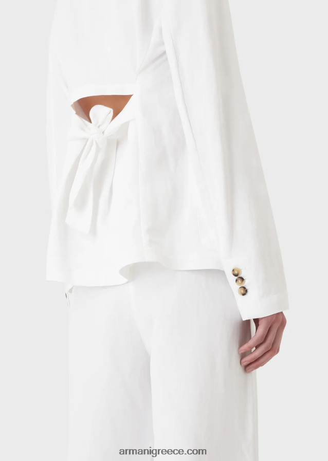 γυναίκες Armani μονόπλευρο μπουφάν με ματάκι και δέσιμο στην πλάτη σε συνδυασμό από λινό με εφέ shantung 4046R6417 άσπρο