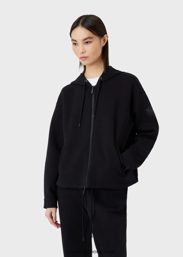 γυναίκες Armani Φούτερ με διπλή φανέλα, με κουκούλα με φερμουάρ και ασορτί λογότυπο από καουτσούκ 4046R6410 ναυτικό μπλε