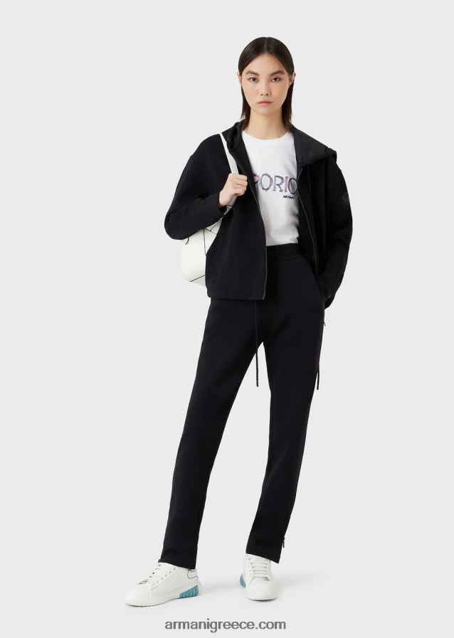 γυναίκες Armani Φούτερ με διπλή φανέλα, με κουκούλα με φερμουάρ και ασορτί λογότυπο από καουτσούκ 4046R6410 ναυτικό μπλε