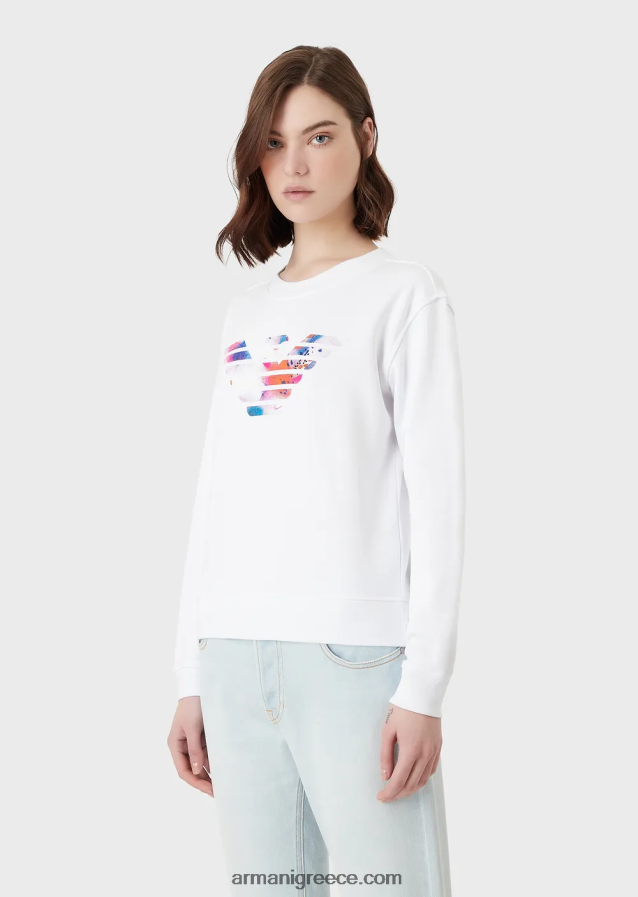 γυναίκες Armani Φούτερ από βιολογικό γαλλικό πετσετάκι με μοτίβο αετού μεγάλου μεγέθους 4046R6418 άσπρο