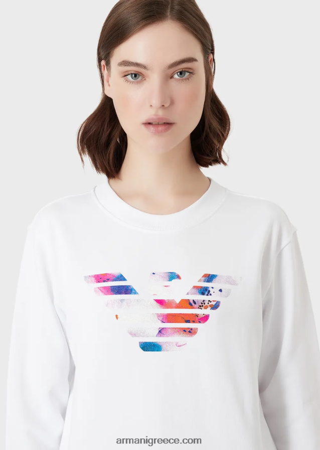 γυναίκες Armani Φούτερ από βιολογικό γαλλικό πετσετάκι με μοτίβο αετού μεγάλου μεγέθους 4046R6418 άσπρο