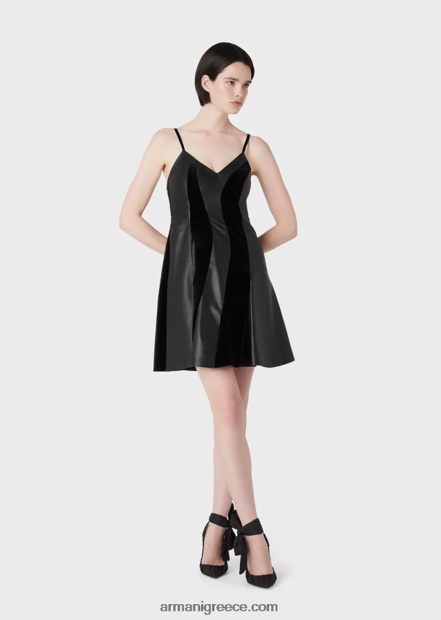 γυναίκες Armani Φόρεμα από δέρμα νάπα με βελούδινα ένθετα 4046R6103 μαύρος