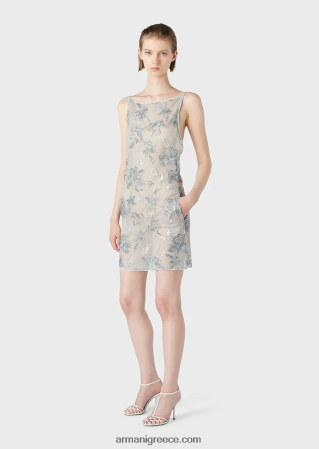γυναίκες Armani Φόρεμα με θήκη από τούλι με φλοράλ κέντημα και ιριδίζουσες παγιέτες 4046R6123 λουλούδια