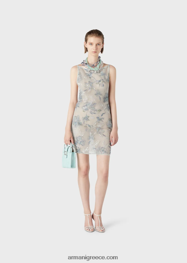 γυναίκες Armani Φόρεμα με θήκη από τούλι με φλοράλ κέντημα και ιριδίζουσες παγιέτες 4046R6123 λουλούδια
