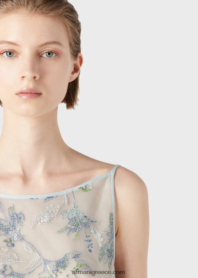 γυναίκες Armani Φόρεμα με θήκη από τούλι με φλοράλ κέντημα και ιριδίζουσες παγιέτες 4046R6123 λουλούδια