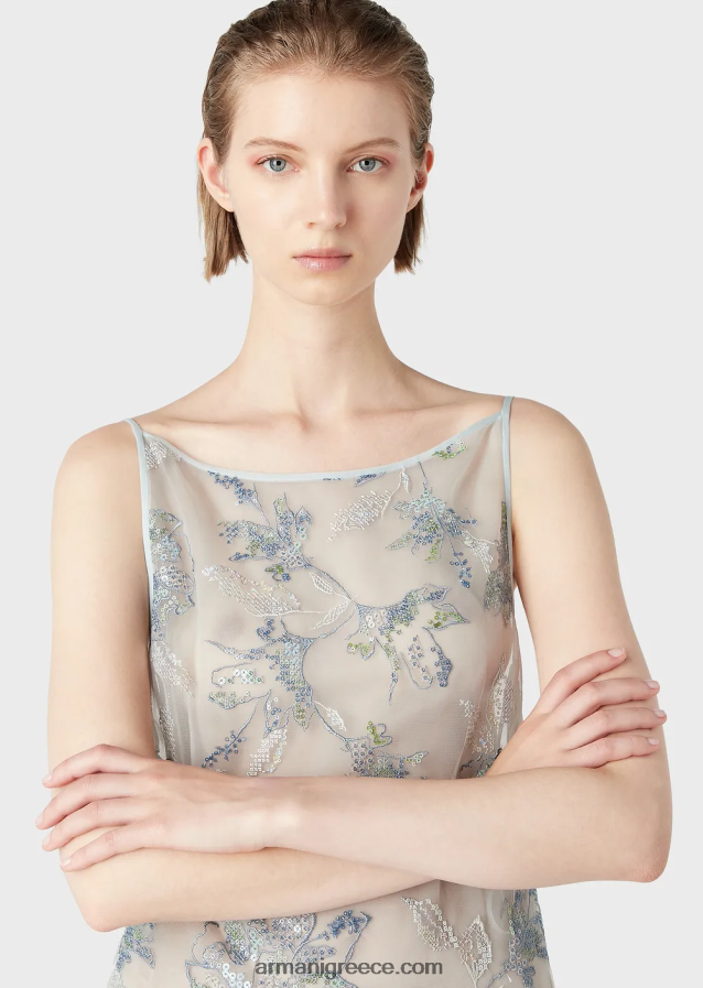 γυναίκες Armani Φόρεμα με θήκη από τούλι με φλοράλ κέντημα και ιριδίζουσες παγιέτες 4046R6123 λουλούδια