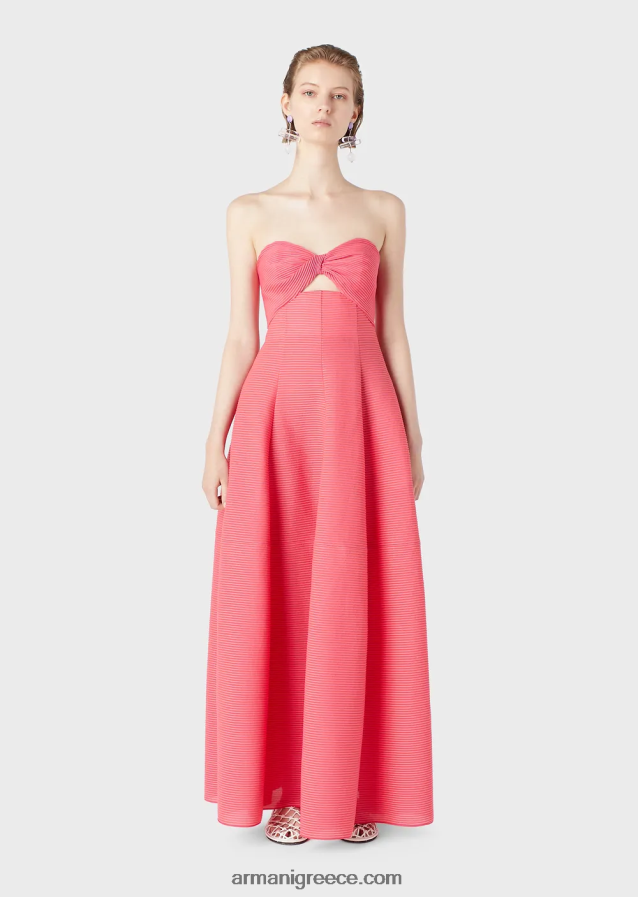 γυναίκες Armani μακρύ φόρεμα από ύφασμα με ραβδώσεις με λαιμόκοψη 4046R6126 ροζ