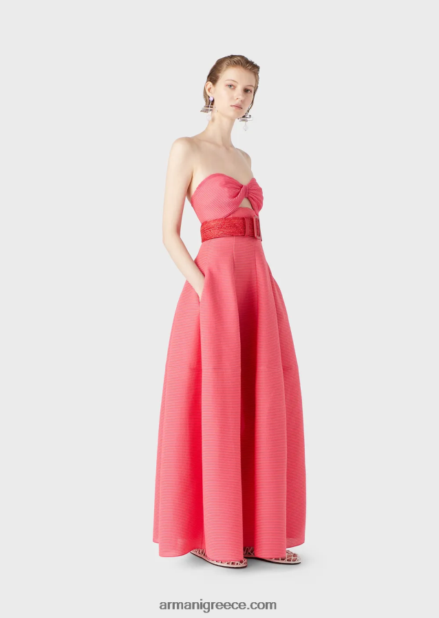 γυναίκες Armani μακρύ φόρεμα από ύφασμα με ραβδώσεις με λαιμόκοψη 4046R6126 ροζ
