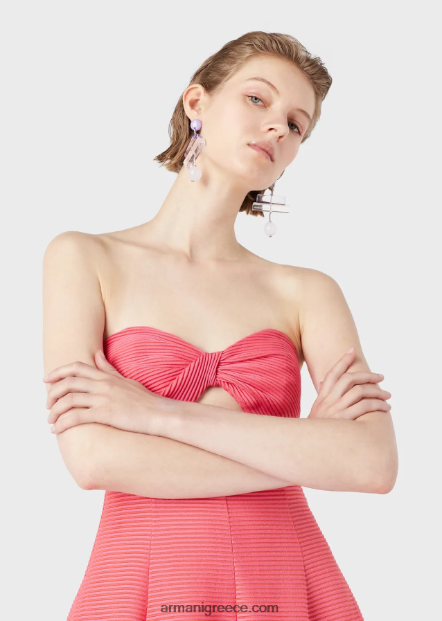 γυναίκες Armani μακρύ φόρεμα από ύφασμα με ραβδώσεις με λαιμόκοψη 4046R6126 ροζ