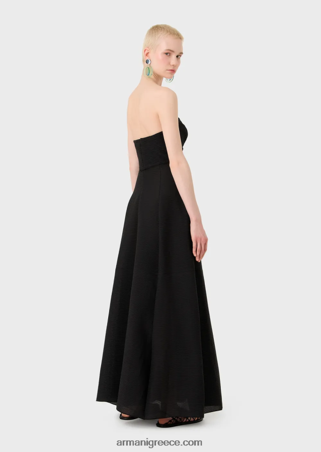 γυναίκες Armani μακρύ φόρεμα από ύφασμα με ραβδώσεις με λαιμόκοψη 4046R6127 μαύρος