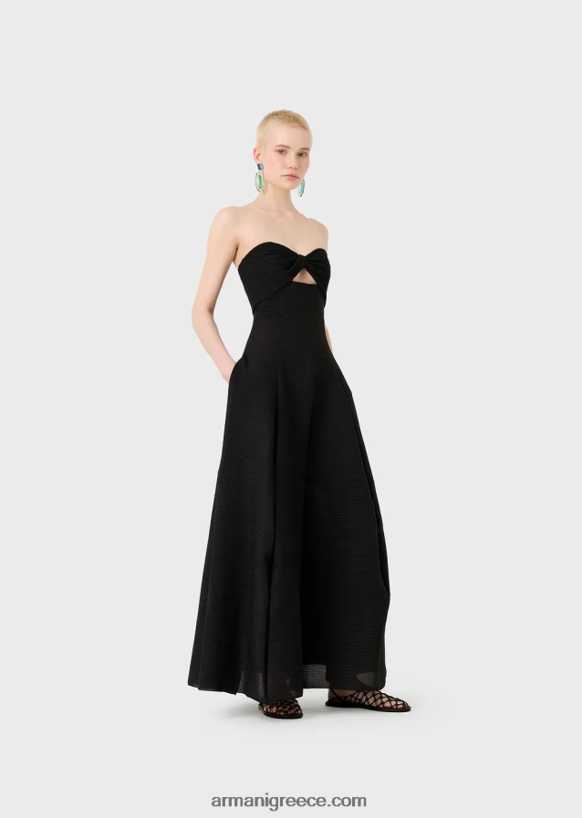 γυναίκες Armani μακρύ φόρεμα από ύφασμα με ραβδώσεις με λαιμόκοψη 4046R6127 μαύρος
