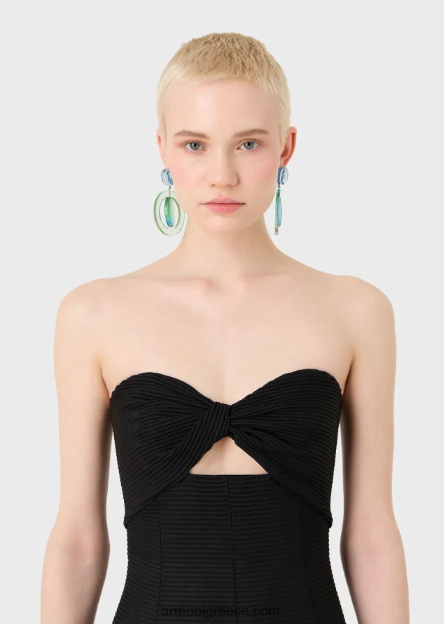 γυναίκες Armani μακρύ φόρεμα από ύφασμα με ραβδώσεις με λαιμόκοψη 4046R6127 μαύρος