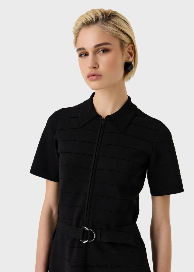 γυναίκες Armani Φόρεμα με ριγέ, πλεκτό ύφασμα με ζώνη 4046R668 μαύρος