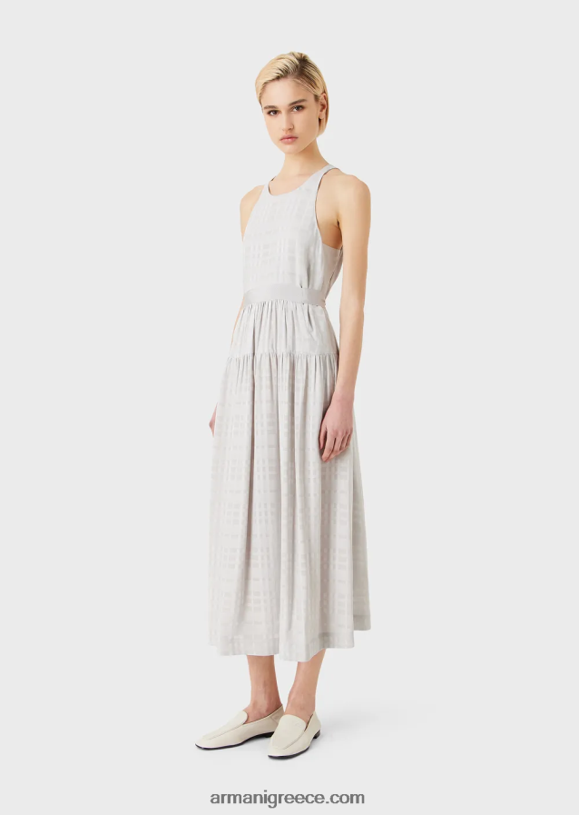 γυναίκες Armani τσέκα αμάνικο μακρύ φόρεμα από βισκόζη με ζώνη γκρο 4046R670 γκρί