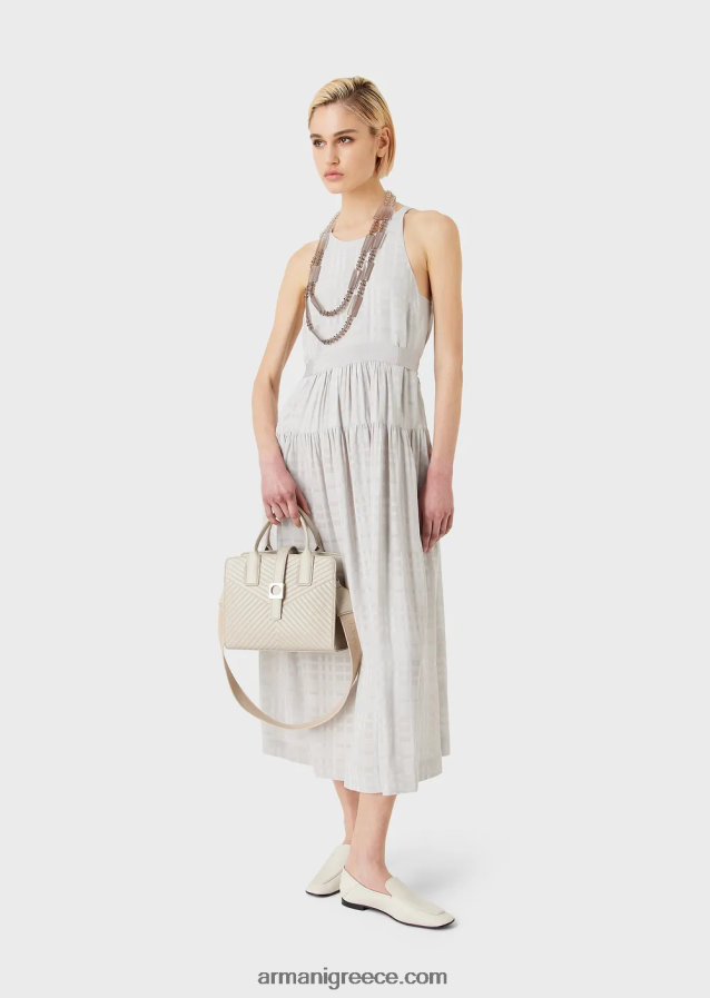 γυναίκες Armani τσέκα αμάνικο μακρύ φόρεμα από βισκόζη με ζώνη γκρο 4046R670 γκρί